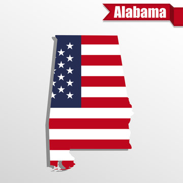Alabama State map with US flag inside and ribbon