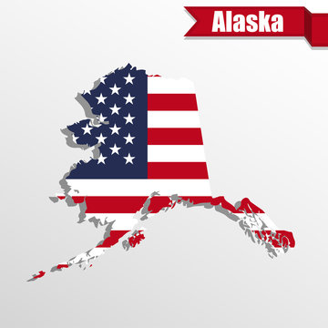 Alaska State map with US flag inside and ribbon