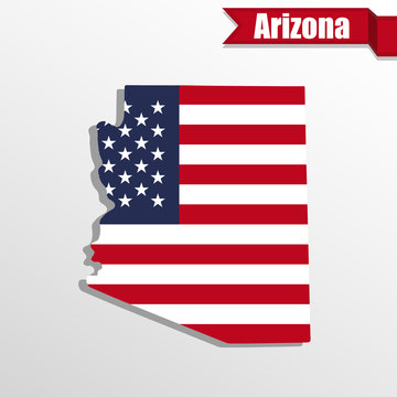 Arizona State map with US flag inside and ribbon