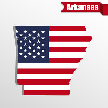 Arkansas State map with US flag inside and ribbon