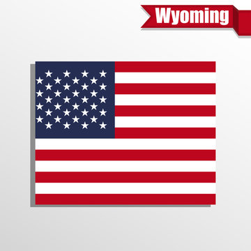 Wyoming State map with US flag inside and ribbon