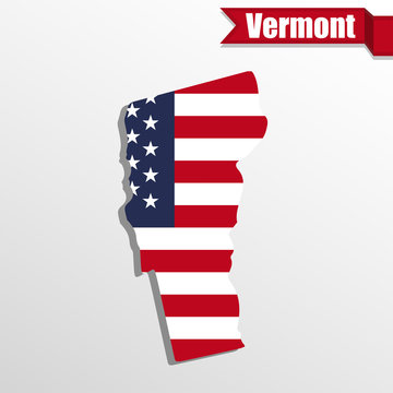 Vermont State map with US flag inside and ribbon