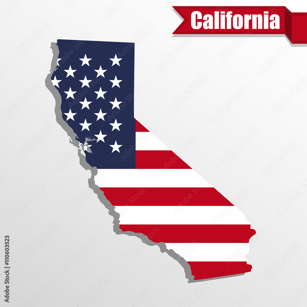Poster california state map with us flag inside and ribbon