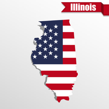 Illinois State map with US flag inside and ribbon