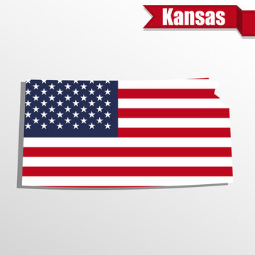 Kansas State map with US flag inside and ribbon