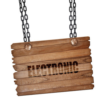 electronic music, 3D rendering, wooden board on a grunge chain