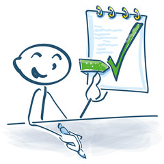 Strichmännchen hat die Arbeit erledigt und unterzeichnet einen Vertrag