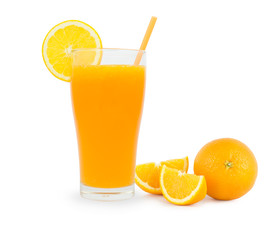 Full glass of orange juice on white background