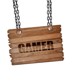 gamer, 3D rendering, wooden board on a grunge chain