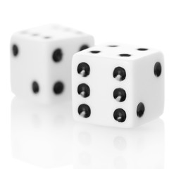 Macro two dice game isolated on white background