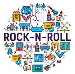 ROCK N ROLL circle outline icons collection set.  Music equipment linear symbol pack. Modern template of thin line icons, logo, symbols, pictogram and flat illustrations 