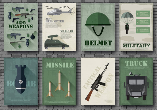 Cards of military equipment cards. Army template of flyear, Magazines, posters, book concept. Special forces items on grunge background. Layout illustrations pages with typography