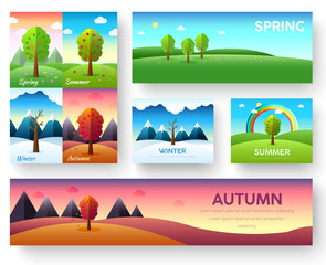 Weather seasons icons on nature ecology background.  Vector flat design 