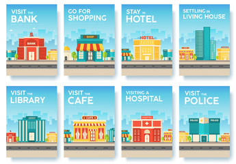 Fototapeta premium Building city information cards set. Architecture template of flyear, magazines, poster, book cover, banners. Construction infographic background. Layout illustrations modern pages