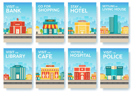 Building city information cards set. Architecture template of flyear, magazines, poster, book cover, banners. Construction infographic background. Layout illustrations modern pages