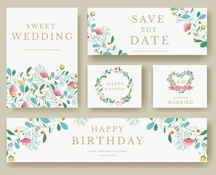 Set of flower invitation cards. colorful greeting wedding invitation card illustration set. Wedding vector design concept 
