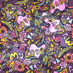 pattern consisting of hearts, text love, drawing eyes, line, grunge, stains