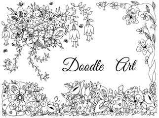 Vector illustration of floral frame zen tangle, doodling. Zenart, doodle, flowers, butterflies, delicate, beautiful.  Black and white. Adult coloring books anti stress.