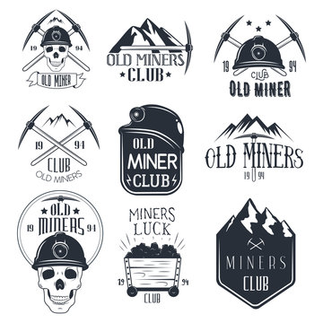 Vector set of mining labels in vintage style. Gold miners club