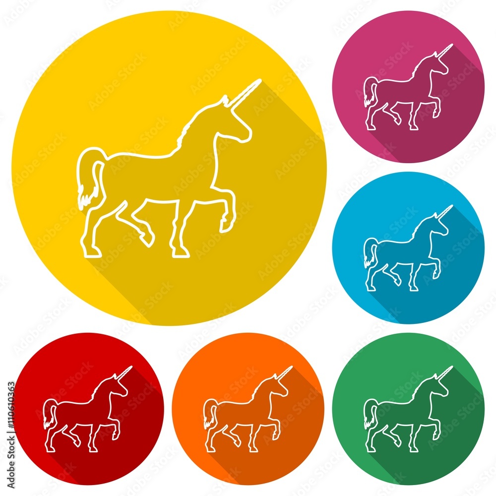 Poster Silhouette of Unicorn Horse line icons set with long shadow