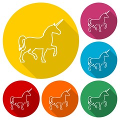 Silhouette of Unicorn Horse line icons set with long shadow