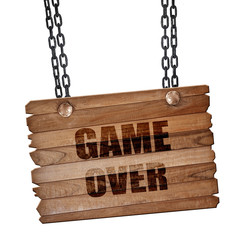game over, 3D rendering, wooden board on a grunge chain