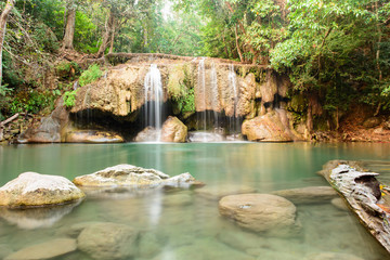 Naklejka premium Erawan waterfall in morning in dry season at Erawan national par