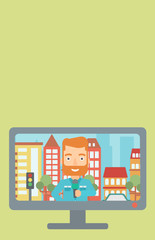 Television set broadcasting interview.