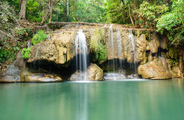 Fototapeta na wymiar Erawan waterfall in morning in dry season at Erawan national par