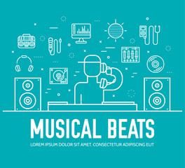 Thin lines icons of Dj staff and any equipment set. Vector music technology and accessories objects elements collection design 