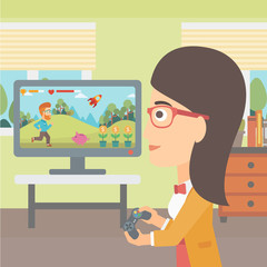 Woman playing video game.