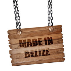 Made in belize, 3D rendering, wooden board on a grunge chain