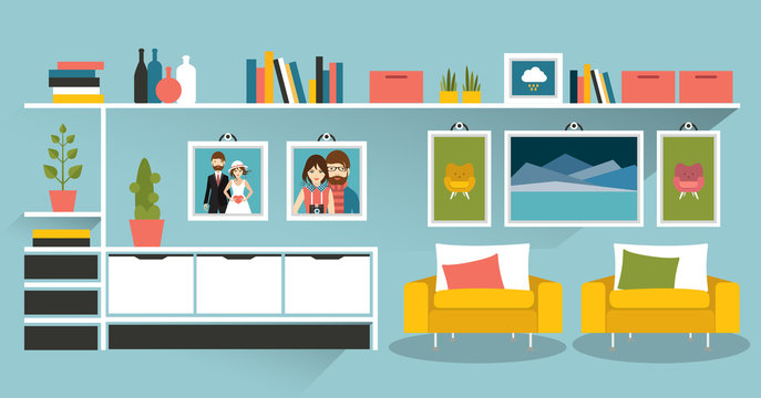 Living room with photo pictures and book shelves. Flat design vector illustration.
