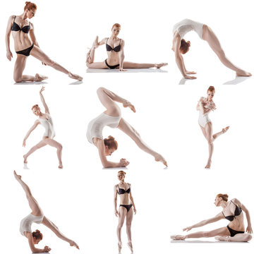 Dance. Collage of flexible woman posing at camera