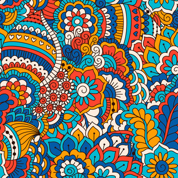 Hand drawn seamless pattern with floral elements. 
