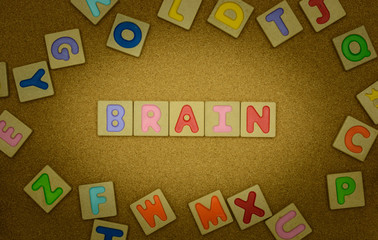 Brain word on wood background