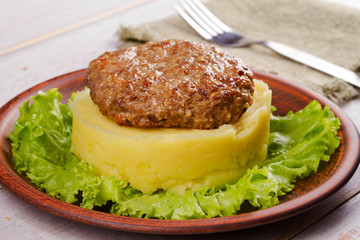 Beef and pork patty with smashed potato and lettuce