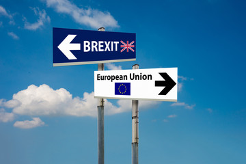 a road signs EU and BREXIT and a blue sky
