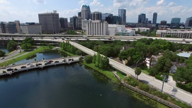 Aerial of downtown Orlando, Florida, as seen from Lake Lucerne