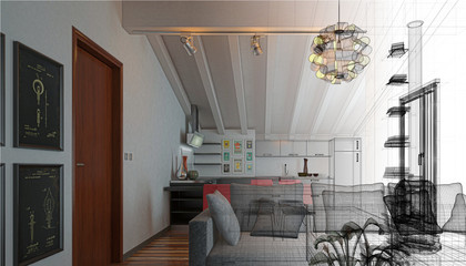 Mansarda, Interior Design, Arredamento, Rendering