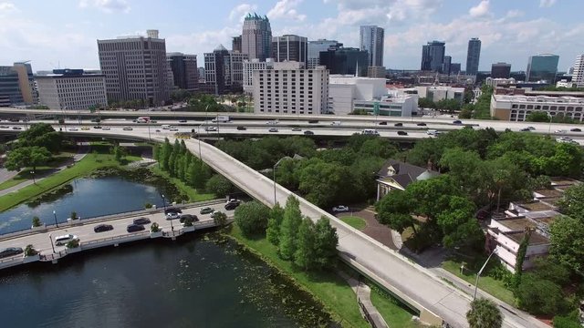 Aerial of downtown Orlando, Florida, as seen from Lake Lucerne