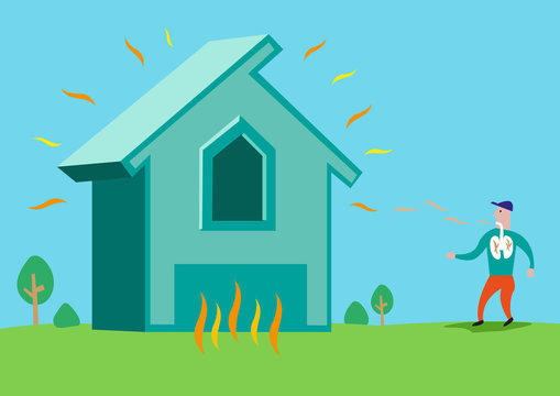 House in flames or with Asbestos or Radon Radiation. Editable Clip Art.
