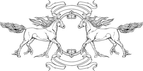  two horses, frame and ribbons.
