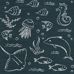 Fototapeta premium Sealife chalkboard seamless pattern