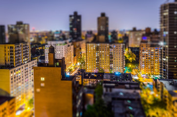 Aerial view of Manhattan at night. Tilt-shift effect applied