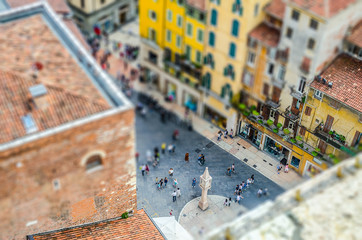 View over Piazza delle Erbe, Verona, Italy. Tilt-shift effect applied