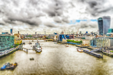 Fototapeta na wymiar Aerial View of the Thames River, London. Tilt-shift effect applied