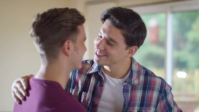  Attractive young gay couple share a kiss as they're chatting at home