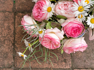Rustic bouquet, pink garden flowers. - obrazy, fototapety, plakaty