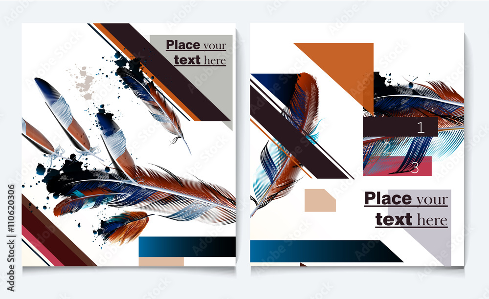 Poster Backgrounds set with feathers in realistic style